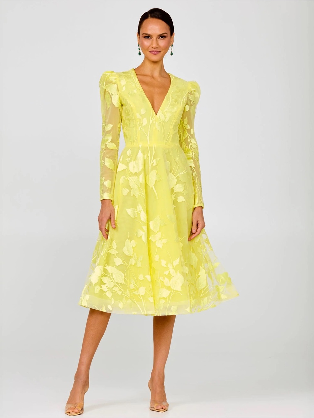 V-Neck Long Sleeve Midi Dress in Lemon Yellow